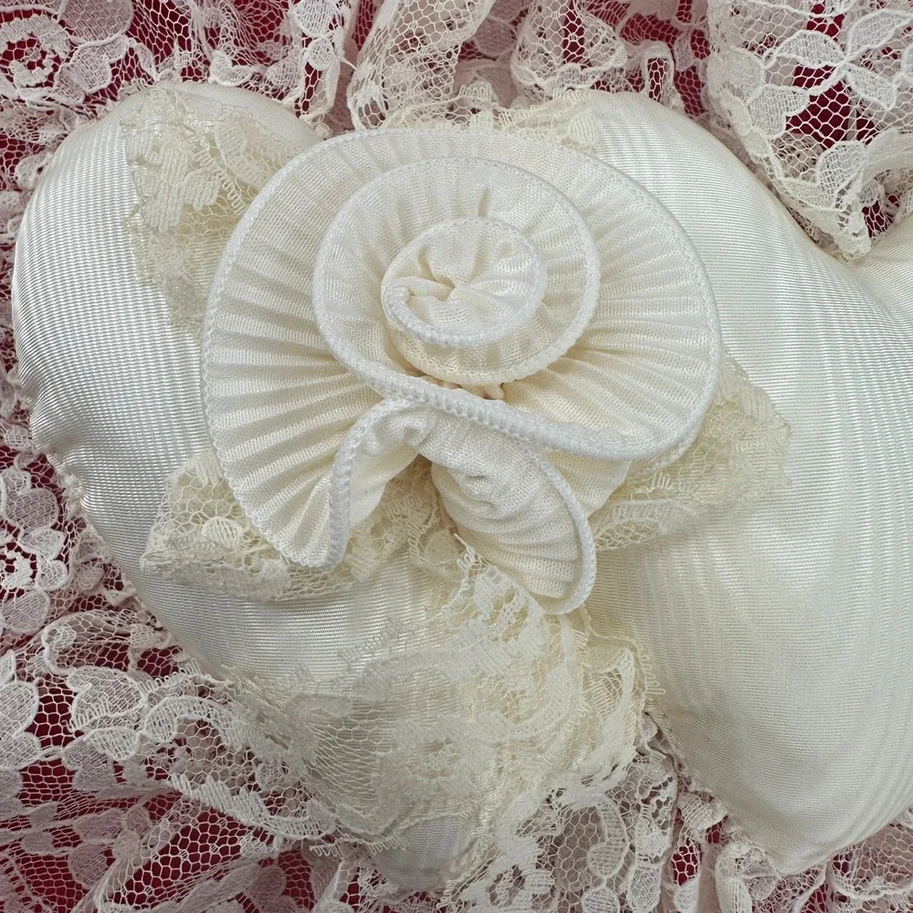 Double Heart‎ Shaped Pillow White Lace Trim Romantic Wedding Accent